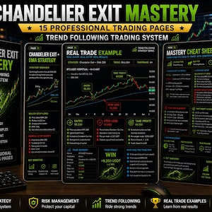 May include: A 15-page professional trading guide titled Chandelier Exit Mastery, featuring a trend following system. The set includes a bound manual, three informational sheets with charts and trade examples, and a black mug with a bull graphic.