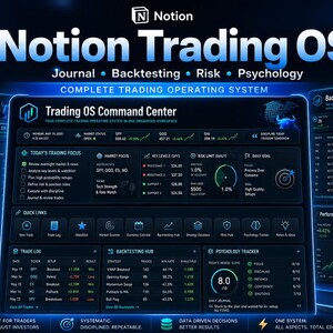 Puede incluir: Una interfaz digital de panel de control Notion Trading OS con un tema azul oscuro y acentos de neón. La pantalla incluye un centro de comando Trading OS, un registro de operaciones diario y un centro de backtesting con gráficos y datos.