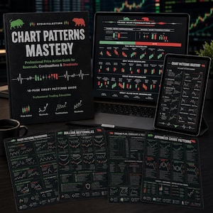 May include: A collection of trading educational materials including a black book titled Chart Patterns Mastery, a laptop displaying candlestick patterns, a tablet showing a chart roadmap, and four black reference sheets with financial graphs.