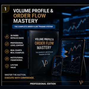 May include: A black book titled Volume Profile & Order Flow Mastery, a smartphone, and a tablet displaying financial trading charts. The text includes 30 Pages Detailed Guide, Professional Level Content, Real Charts, Real Examples, Institutional Frameworks, Lifetime Value, Master The Auction, Execute With Confidence, and Professional Edition.