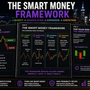Puede incluir: Una guía digital en PDF de 15 páginas titulada The Smart Money Framework, con páginas negras, texto en blanco y morado, gráficos bursátiles coloridos y diagramas que explican las fases de liquidez, manipulación, expansión y ejecución.