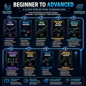 May include: An educational infographic titled Beginner to Advanced, A Clear Step-by-Step Learning Path. It displays nine numbered modules covering trading topics like RSI, MACD, EMA, Bollinger Bands, Support and Resistance, Candlestick Patterns, Breakout and Retest, VWAP, and Fibonacci Retracement, each with bulleted sub-topics.