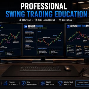 Könnte beinhalten: Drei Computermonitore zeigen professionelle Swing-Trading-Bildungsinhalte mit Diagrammen, Text und Checklisten. Ein schwarzer Schreibtisch enthält eine Tastatur, eine Maus, eine Tasse mit der Aufschrift Disziplin, Fokus, Konsistenz, Erfolg und ein Journal.