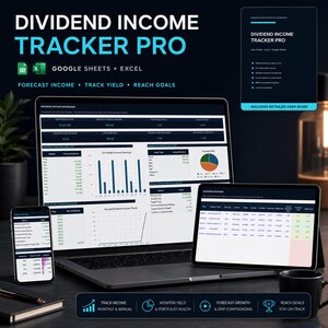 Puede incluir: Una hoja de cálculo digital Dividend Income Tracker Pro mostrada en un portátil, una tableta y un teléfono inteligente. Las pantallas muestran paneles financieros, gráficos y tablas para realizar el seguimiento de rendimientos.