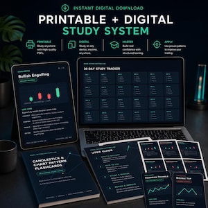 May include: A digital and printable study system for trading, featuring a tablet displaying a Bullish Engulfing candlestick chart, a laptop showing a 30-day study tracker, a user guide, and flashcards with various chart patterns and technical analysis.