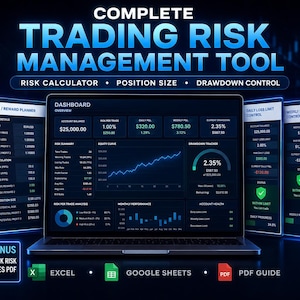 May include: A digital trading risk management tool displayed on a laptop screen, featuring a dashboard with account balance, risk summary, equity curve, and drawdown tracker. Side panels show position size, risk reward, and loss limit controls.