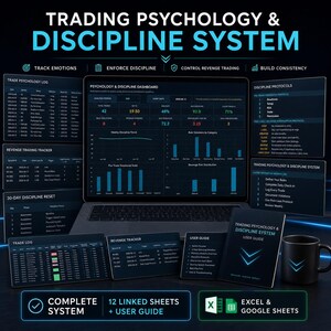 May include: A digital trading psychology and discipline system displayed on a laptop screen, featuring data dashboards, trade logs, and discipline protocols. Includes a user guide and a black mug with a blue chevron logo, compatible with Excel and Google Sheets.