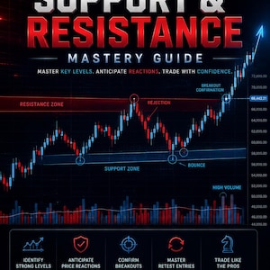 Op de afbeelding: Een digitale afbeelding getiteld "The Ultimate Support & Resistance Mastery Guide" met een aandelenkoersgrafiek en uitleg over handelsstrategieën. De afbeelding gebruikt rode, witte en blauwe kleuren. De tekst "6 Pages" is ook opgenomen.