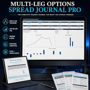 Könnte beinhalten: Ein digitales Trading-Journal auf einem Computermonitor und Tablet mit Performance-Dashboards, kumulativen P&L-Liniendiagrammen und Balkendiagrammen. Der Text lautet Multi-Leg Options Spread Journal Pro, Multi-Leg Tracking und Excel + Google Sheets.