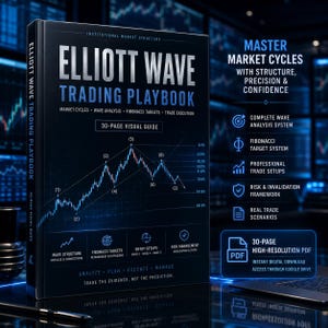 Könnte beinhalten: Ein dunkelblaues Buch mit dem Titel Elliott Wave Trading Playbook und einem weißen Liniendiagramm, das Marktzyklen, Wellenanalysen und Fibonacci-Ziele zeigt. Das Cover enthält Informationen zu einem 30-seitigen visuellen Leitfaden.