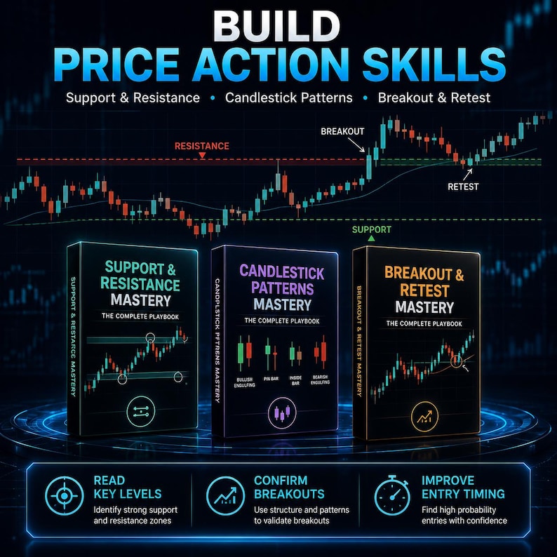 May include: Three black books titled Support & Resistance Mastery, Candlestick Patterns Mastery, and Breakout & Retest Mastery. The background features a stock market chart with labels for resistance, breakout, and retest, plus instructional text.