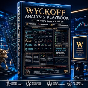 Op de afbeelding: Een donkerblauw boek getiteld Wyckoff Analysis Playbook, 30-Page Visual Execution System. De kaft bevat gouden tekst, een beslissingsmodel met vijf lagen, uitkomstverwachtingen en een tabel voor het vertrouwensniveau.