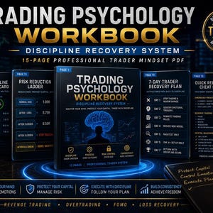Op de afbeelding: Een digitaal Trading Psychology Workbook met een 15-pagina's tellend disciplineherstelsysteem. De omslag toont een breingrafiek, de titel en tekst over de mindset van een handelaar. De pagina's tonen een risicoreductieladder, een 7-daags herstelplan en een spiekbriefje.
