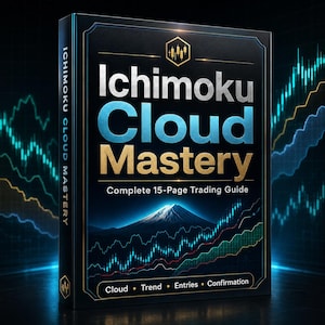 May include: A black book titled Ichimoku Cloud Mastery Complete 15-Page Trading Guide. The cover features a mountain graphic, financial candlestick charts, and the text Cloud, Trend, Entries, Confirmation. The spine reads Ichimoku Cloud Mastery.