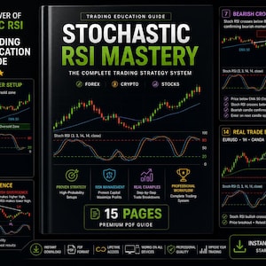 May include: A 15-page trading education guide titled Stochastic RSI Mastery, featuring a black cover with green and white text. The guide includes charts for Forex, Crypto, and Stocks, detailing bullish and bearish crossover setups, divergence, and real trade examples with technical analysis indicators.