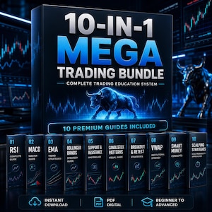 Può includere: Un cofanetto 10-in-1 Mega Trading Bundle con un grafico di un toro e il testo 10 Premium Guides Included. Dieci guide individuali sono numerate da 01 a 10 con titoli come RSI, MACD, EMA, Bollinger Bands e Scalping Strategies.