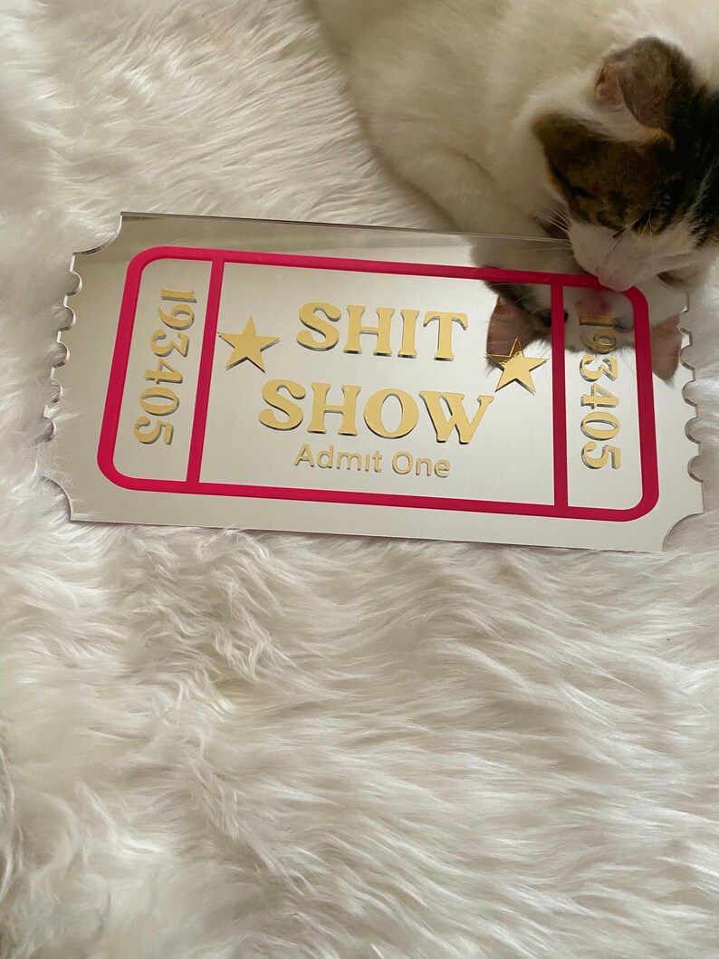 May include: A rectangular mirror with a pink border and the words "SHIT SHOW" and "Admit One" in gold lettering. The mirror has a ticket-like design with the numbers "193405" on each side. A cat is partially visible in the image.