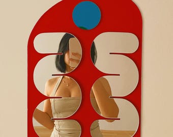 Memphis Style Squiggle Mirror | Large Red Decorative Wall Art | Retro Minimalist Abstract Mirror | Pop Art Home Decor