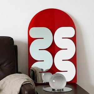 Y2K Red Arch Acrylic Mirror | Maximalist Funky Mirror | Wavy Pop Art Wall Art | Dopamine Squiggle Statement Mirror | Eclectic Memphis Design