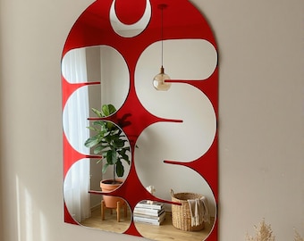Rode boogspiegel, funky wanddecor, moderne spiegel uit het midden van de eeuw, retro ruimtetijdperk kunst aan de muur, esthetische acrylspiegel, maximalistisch decor