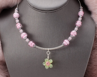 Handmade Glass Lampwork Necklace - Pretty in Pink Fuchsia swirled lampwork beads with Green & Pink Lampwork Flower and Silvery accents