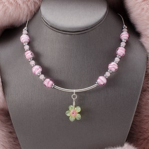 Handmade Glass Lampwork Necklace - Pretty in Pink Fuchsia swirled lampwork beads with Green & Pink Lampwork Flower and Silvery accents