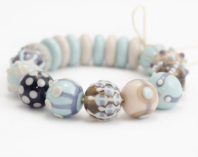 Blue Jeans /& Canvas Sneakers Handmade Lampwork Beads Neutral Beige Brown and Purple Blue