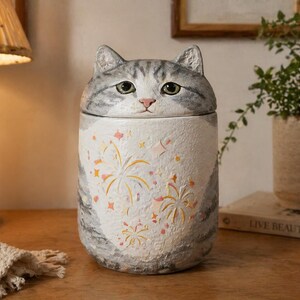 May include: A cylindrical ceramic jar with a lid shaped like a grey tabby cat head. The body of the jar is white with a textured surface featuring yellow and pink firework patterns. The cat has green eyes, a pink nose, and grey stripes.