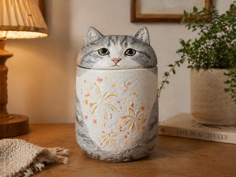 May include: A cylindrical ceramic jar with a lid shaped like a grey tabby cat head. The body of the jar is white with a textured surface featuring yellow and pink firework patterns. The cat has green eyes, a pink nose, and grey stripes.