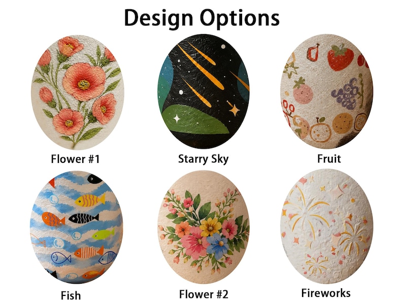 May include: Six oval-shaped items featuring distinct designs labeled Design Options: Flower #1 with pink flowers, Starry Sky with yellow comets on black, Fruit with colorful produce, Fish with blue waves, Flower #2 with a floral bouquet, and Fireworks with gold bursts.