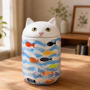 May include: A cylindrical ceramic jar with a lid shaped like a white cat head featuring yellow eyes and a pink nose. The body of the jar is decorated with painted blue wavy lines representing water, interspersed with colorful fish and bubbles.