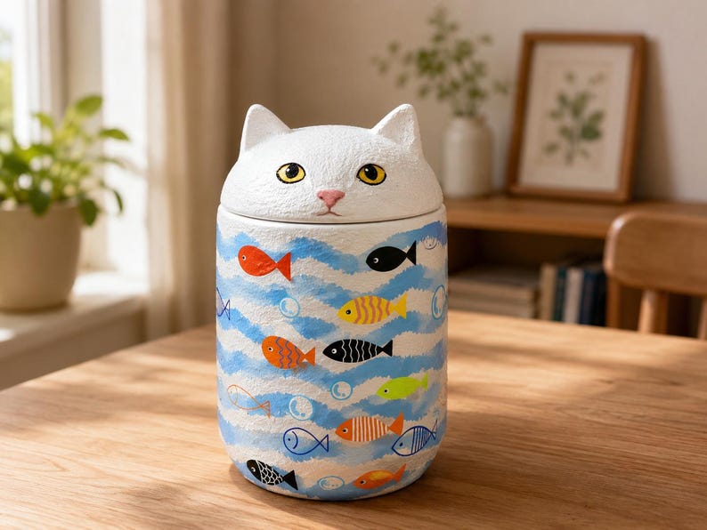 May include: A cylindrical ceramic jar with a lid shaped like a white cat head featuring yellow eyes and a pink nose. The body of the jar is decorated with painted blue wavy lines representing water, interspersed with colorful fish and bubbles.