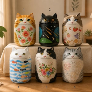 May include: Six cylindrical ceramic jars with cat-shaped lids, numbered one through six. Designs include orange tabby with flowers, black space theme, white cat with fruit, white cat with blue fish, black and white cat with flowers, and gray tabby.