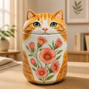 May include: A cylindrical ceramic jar with a lid shaped like an orange tabby cat head. The jar features a textured white front panel decorated with a painted bouquet of pink flowers and green leaves, while the sides show orange tabby fur patterns.