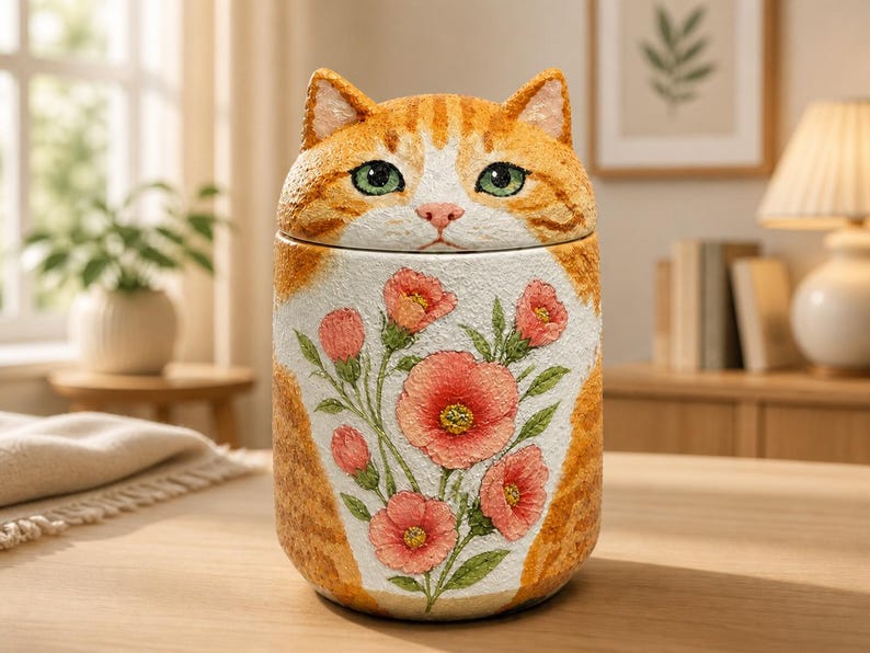 May include: A cylindrical ceramic jar with a lid shaped like an orange tabby cat head. The jar features a textured white front panel decorated with a painted bouquet of pink flowers and green leaves, while the sides show orange tabby fur patterns.