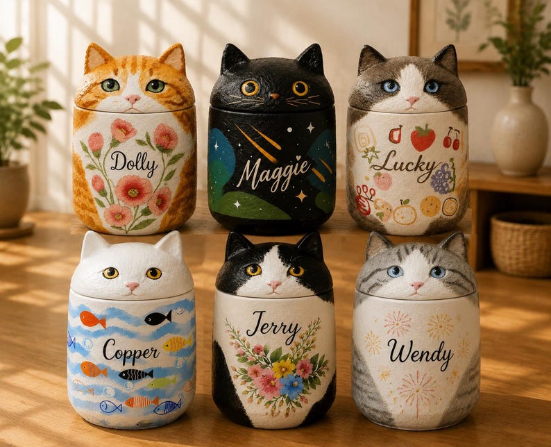 Custom Cat Urn – Handmade Cat Memorial Ashes, Bespoke Hand Painted from Photo, Pet Loss Keepsake Design/with Name