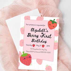 Berry First Birthday Invitation Template - Editable Canva Strawberry Theme Girl’s 1st Birthday Party Printable Digital Download
