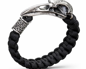 Celtic Raven Skull Bracelet • Black Paracord Bracelet • Gothic Crow Skull Charm • Norse Pagan Jewelry