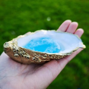 Könnte beinhalten: Eine handgefertigte Austernschale mit goldfarbener Außenseite und weißer Innenseite. Die Schale enthält ein leuchtend blaues Harz, das einen auffälligen Kontrast erzeugt. Die Schale wird in einer Hand gehalten.