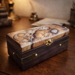 Schatztruhe aus Holz mit Vintage-Weltkarte – Erinnerungsbox im Piratenstil, Abenteuergeschenk für Männer, Reise-Erinnerungsbox