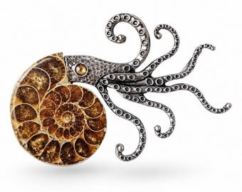 Ammoniet fossiele broche ketting, natuurlijke ammoniet sieraden, octopus broche hanger, zilveren statement speld, oceaan geïnspireerd cadeau