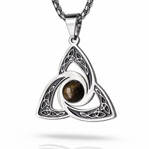 Keltische Drievuldigheidsknoop hanger ketting, tijgeroogsteen, roestvrijstalen sieraad, Triquetra symbool, Ierse Keltische ketting, spiritueel cadeau