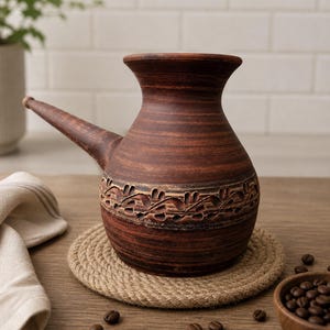 Pode incluir: Uma cafeteira de cerâmica marrom com um bico longo e uma faixa floral decorativa. A cafeteira está sobre um descanso de copo redondo e tecido. Grãos de café estão espalhados ao redor do descanso de copo e em uma tigela de madeira.
