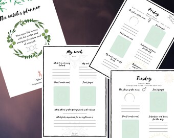 May include: A printable planner for witches with a green floral design and the text "The witch's planner". The planner includes sections for each day of the week, with prompts for intention setting, reflection, and tracking the moon phases.