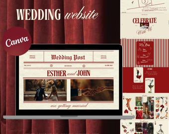 Red Gazette Wedding Website | Old Money Wedding Website Template | Burgundy Wedding Invitation with Online RSVP | Vintage Canva Wedding Site