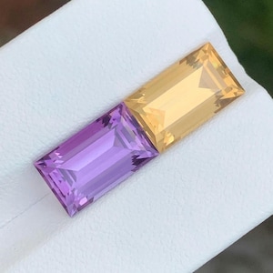 Può includere: Due pietre preziose rettangolari, una viola ametista e l'altra giallo dorato, sono esposte. Le gemme sono affiancate, mostrando le loro superfici sfaccettate e i loro colori vivaci. Le pietre preziose sono su uno sfondo bianco.