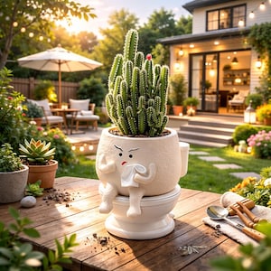 May include: A whimsical, off-white ceramic planter shaped like a person sitting on a toilet, holding tissue, and with an angry face. The planter is filled with a tall, green cactus. The scene is set outdoors on a wooden table.