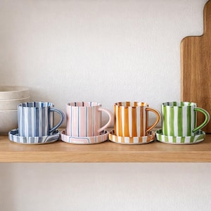 Blue Striped Ceramic Coffee Cup, Hand-Drawn Underglaze Mug