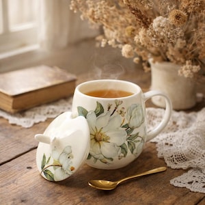 May include: A white ceramic mug with a floral design, filled with tea, and a matching lid. A gold spoon rests on a wooden surface. The mug features a large white flower with green leaves. Steam rises from the mug, suggesting a warm beverage.