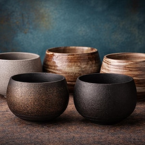 May include: Five handcrafted ceramic bowls in varying shades of brown, gray, and black are arranged on a wooden surface. The bowls have a textured finish and a rounded shape, suggesting a rustic or artisanal aesthetic. The background is a dark teal.
